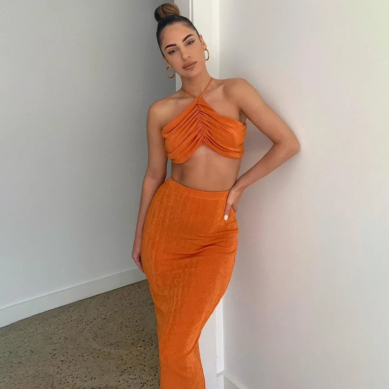 

Женский комплект 2 шт. миди комплект с юбкой и футболкой комплект одежды 2021 летнее сексуальное присборенное платье с лямкой на шее с низким в...