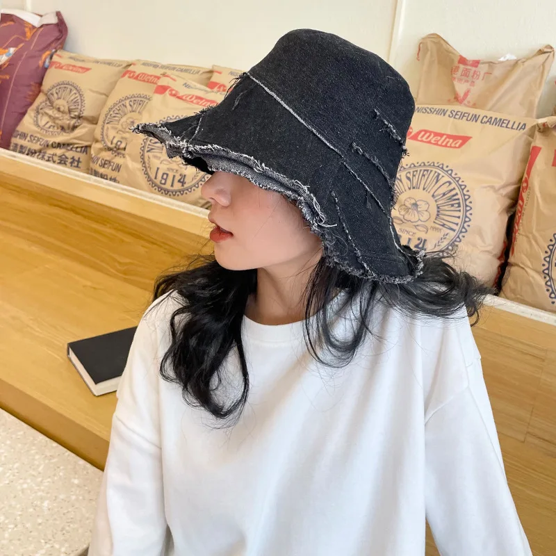 

Women Irregular Denim Washed Raw Edge Bucket Hats Sun Spring Summer Harajuku Panama Caps Fashion Fishing Black Fisherman's Hat