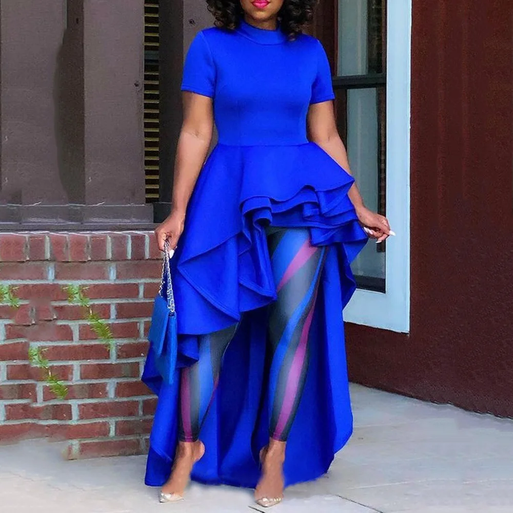 

Fashion Long Tail Ruffle Party Maxi Dress Women Summer Brand Designer Short Sleeve Blue Elegant Asymmetric Casual Dresses 2021