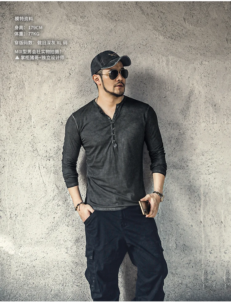 

Men Long Sleeve Washed V Neck Slim T-shirt Men Solid Color Retro Casual Cotton T-shirt High Quality European Style T-shirt