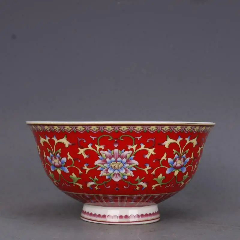 

Chinese Qing Qianlong Famille Rose Porcelain Red Glaze Peony Design Bowl 4.8"