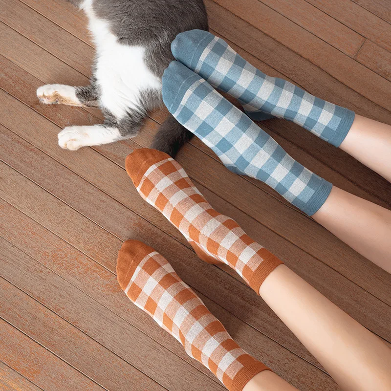 

Women Socks Autumn Checkered Retro Vintage Cotton Socks Crew Comfortable Color Fashion Elastic Plaid Short Socks Woman Sock Sox