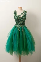 sleeveless cocktail dresses a line ruffel applique flowers beading sexy v neck green for girl party dress %d0%bf%d0%bb%d0%b0%d1%82%d1%8c%d1%8f %d0%b7%d0%bd%d0%b0%d0%bc%d0%b5%d0%bd%d0%b8%d1%82%d0%be%d1%81%d1%82%d0%b5%d0%b9