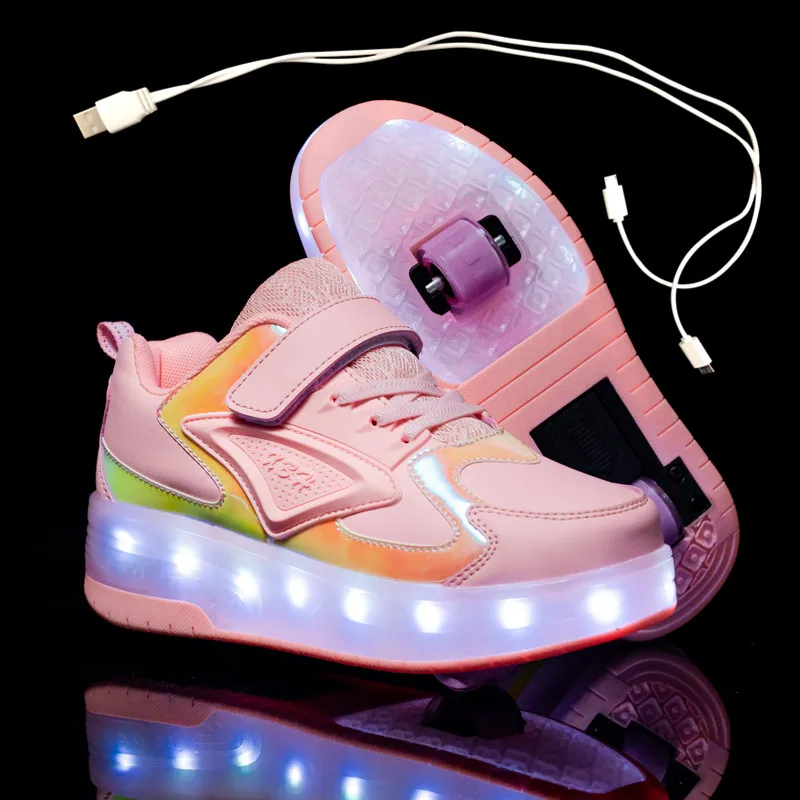 

New Pink Blue Red USB Charging Fashion Girls Boys LED Light Roller Skate Shoes For Children Kids Sneakers With Wheels Two wheels