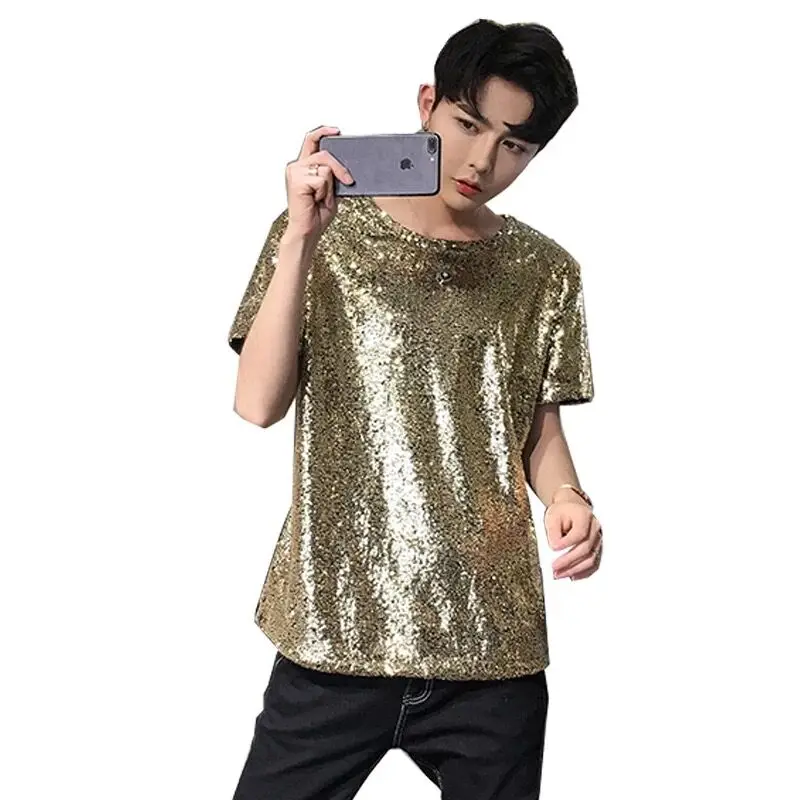 

Reflective Sequins T Shirt Men Fashion Casual Short-sleeved T-shirt Men Streetwear Hip Hop Loose Performance Tshirt Man Tops