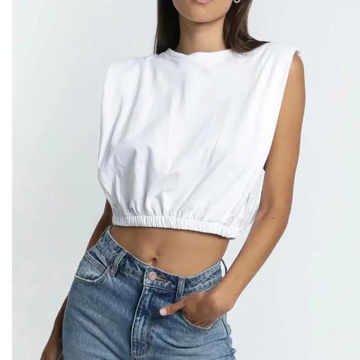 

2022 Summer Women Cropped Top Sleeveless Women Sexy T Shirts Solid Color High Waist Women O-Neck White Tees Female Streetwear