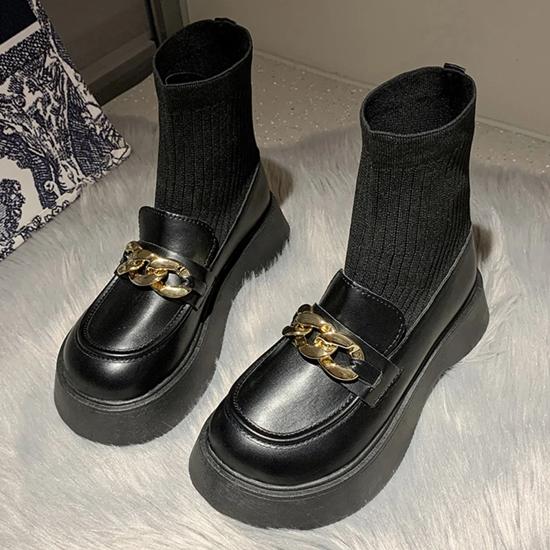 

Women Winter Ankle Short Modern Boots 2022 New Casual Platform Metal Chain Shoes Female Slip On Shoes Ladies Stretch Boots
