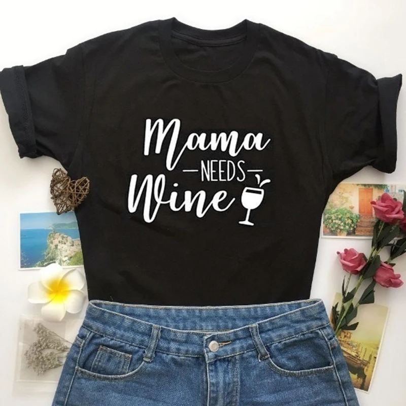 Футболка из чистого хлопка с надписью Mama Needs Wine забавная Женская футболка для