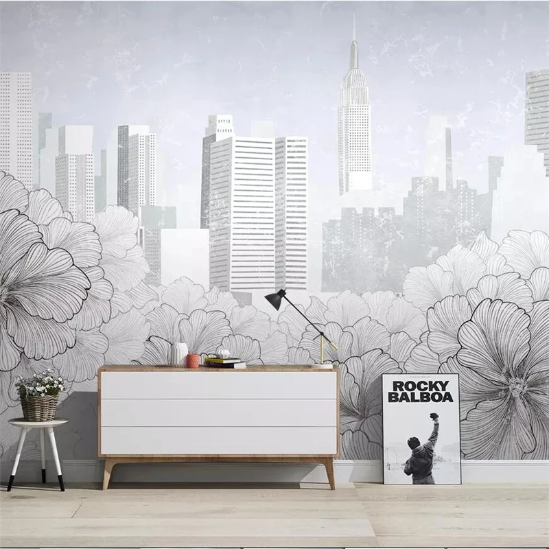 Customize Modern minimalist line drawing flower city architecture TV background wall painting custom large mural green wallpaper |