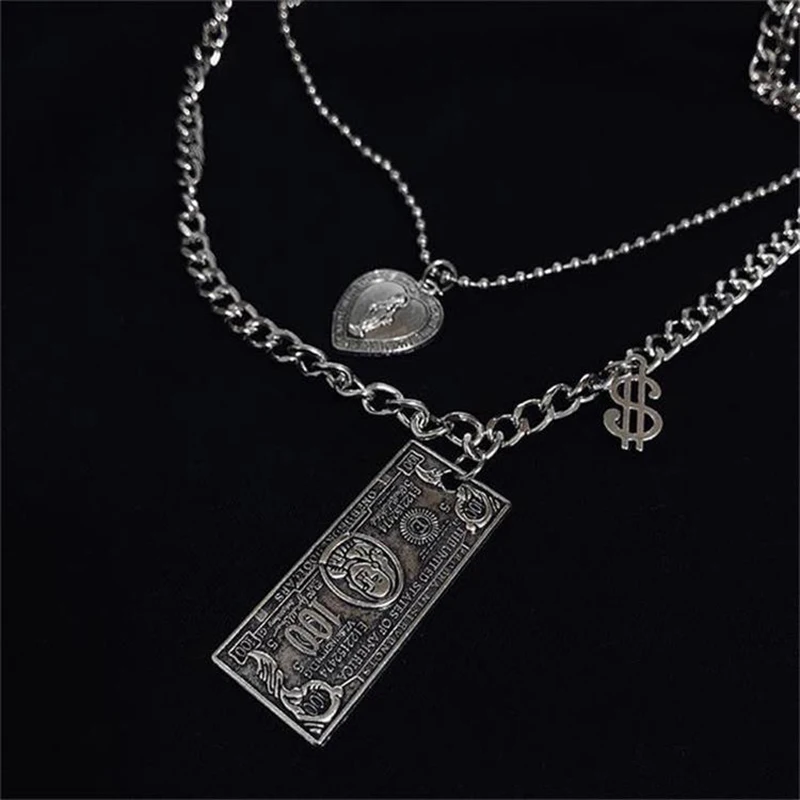 

1 Pcs 2021 New Fashion Unisex Double Hip Hop Necklace Banknote Heart Pendant Silver Color Pop Gift For Boys and Girls
