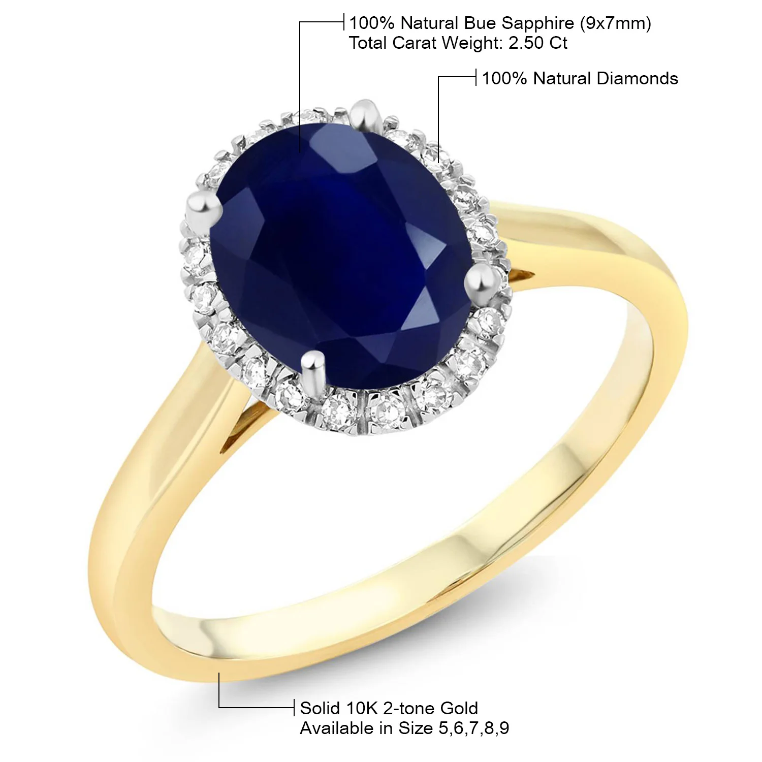 Помолвочное кольцо 10K двухтонное Золотое овальное синее Sapphire и Diamond Halo 2 50 Ct (в