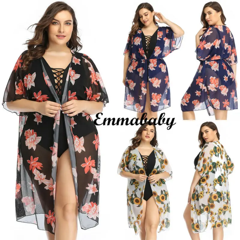 

2020 Women Loose Summer Floral Print Flare Sleeve Half Sleeved Cardigan Cover UP Top Swimwear Beachwear