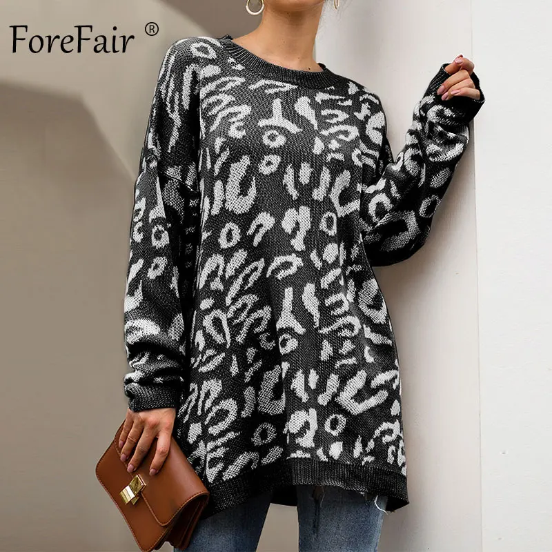 Black Sweater Forefair, Леопардовый Повседневный свитер выше размера, женский, осень, зимний, вязаный, с животным принтом, размера плюс, свободный, длинный, женский свитер - Цвет: Black Sweater