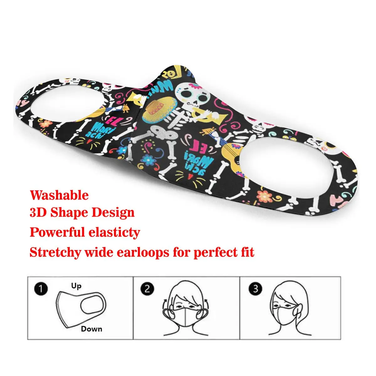 

Washable Earloop Mask 3D Day De-ad Skeletons Cycling Anti Dust Mouth Face Care Respirator for Summer