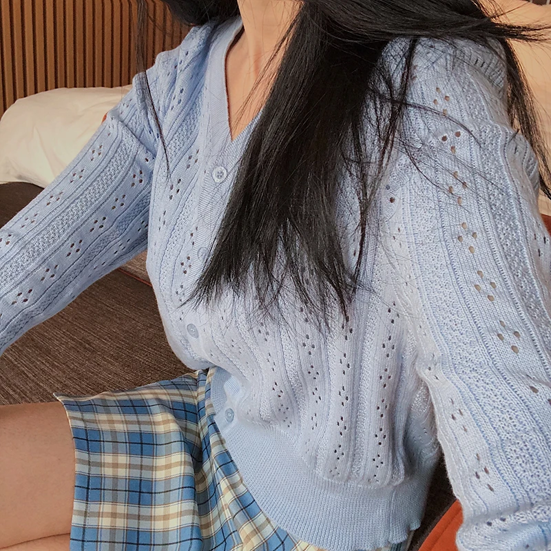 Женский вязаный кардиган свитер топы весна-лето одежда новый тонкий синий милый