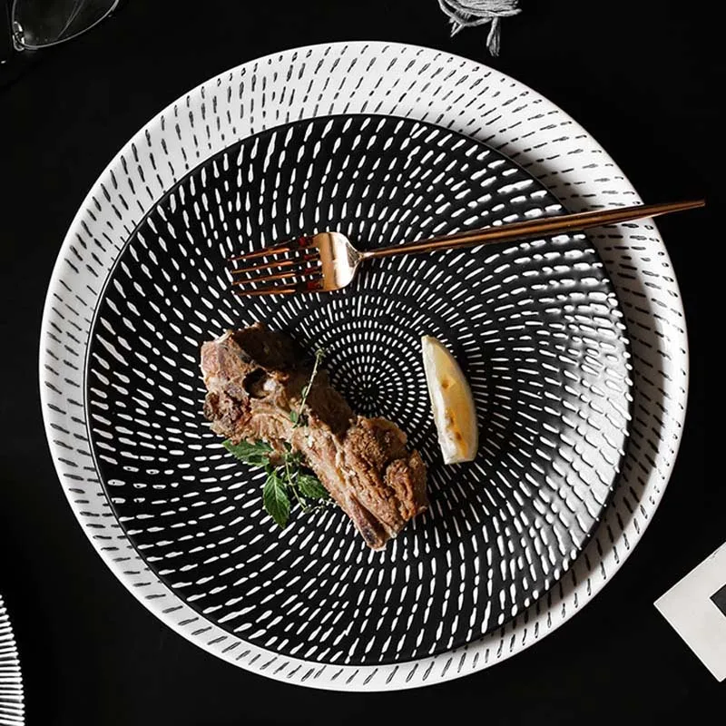 FANCITYJapanese тисненая черная белая тарелка большая круглая Фруктовая для салата