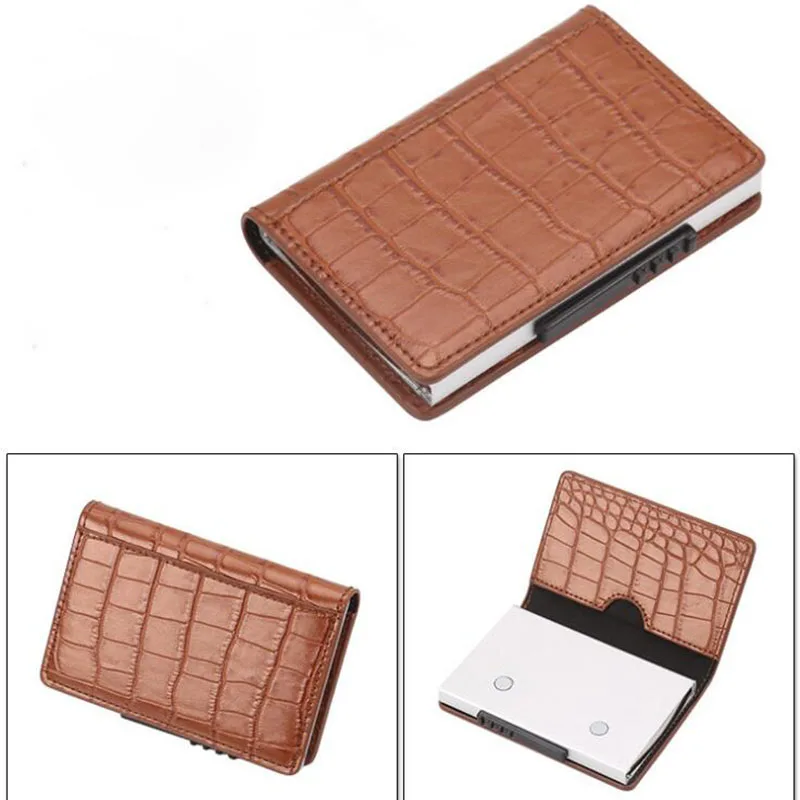 

Мужской бумажник с RFID-защитой, винтажный автоматический кожаный держатель для кредитных карт, Алюминиевый металлический многофункциональ...