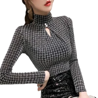 bright silk temperament half high neck elastic bottomed blouse women 2021 spring and autumn new slim fit versatile blouse women