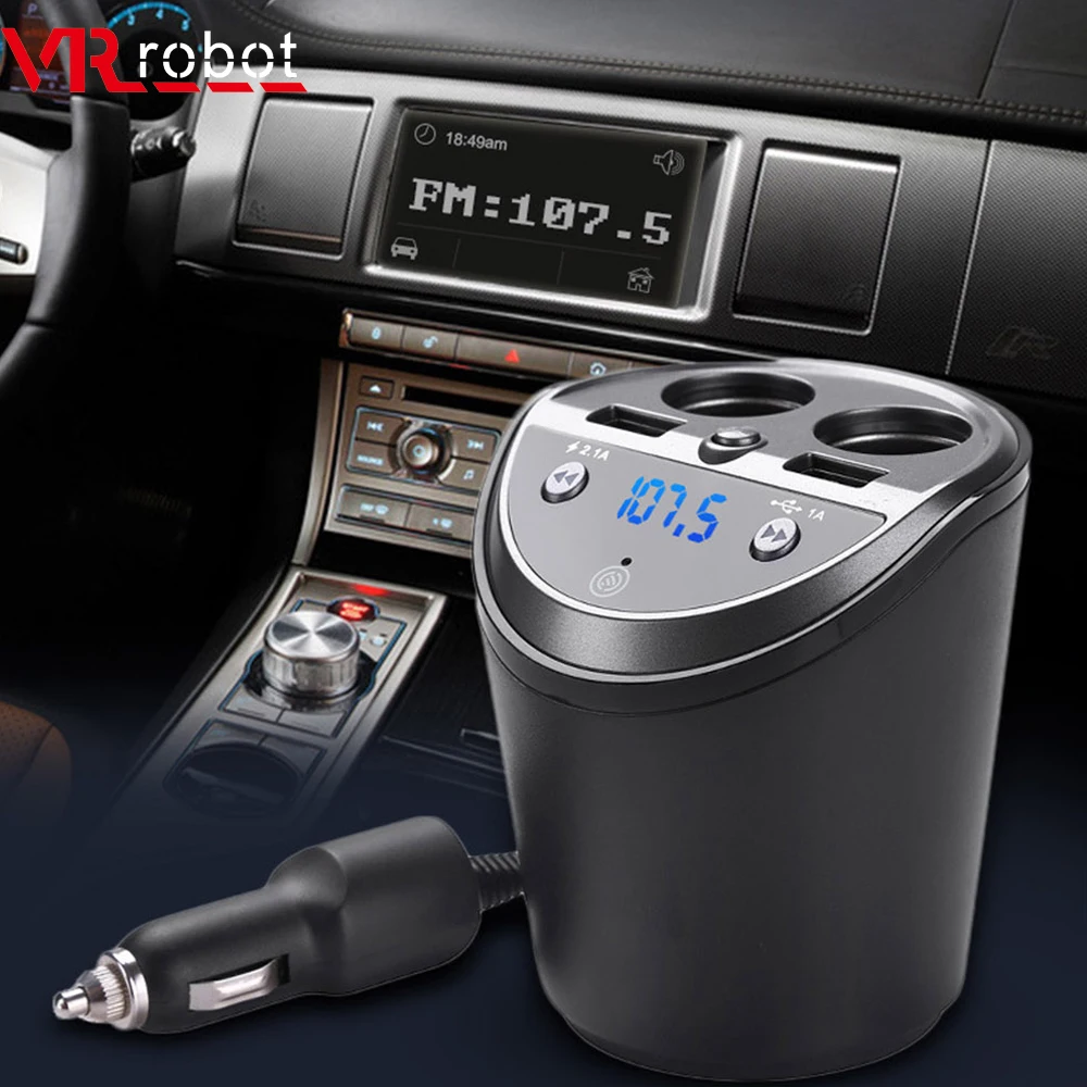 

VR robot Bluetooth FM Transimtter Modulator Handsfree Car Kit Cup Style Dual Cigarette Lighter Socket Splitter USB Charger