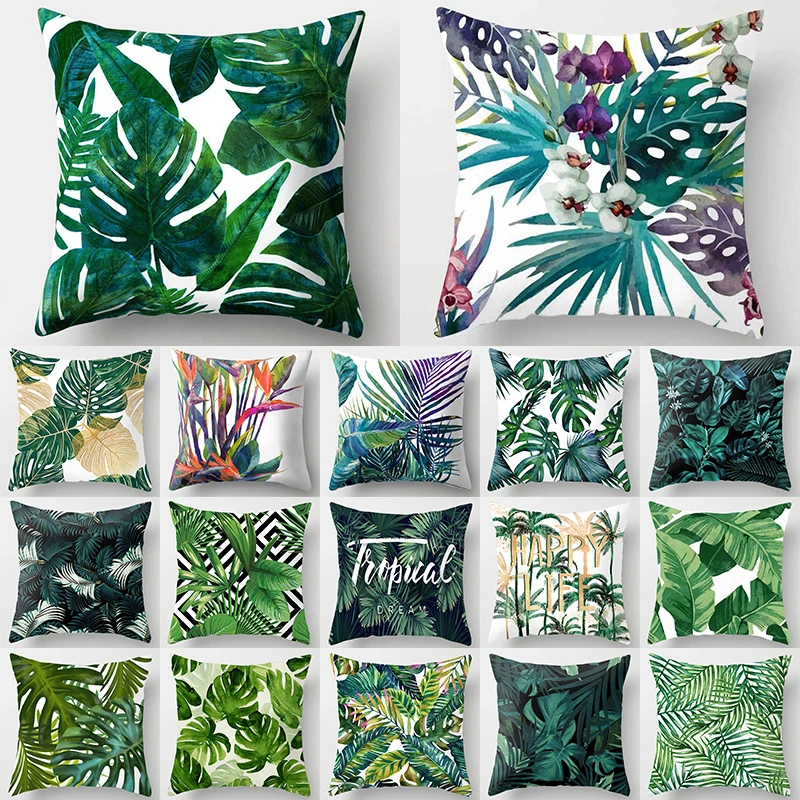 Наволочка для подушки с тропическими листьями кактусами монстера 43*43