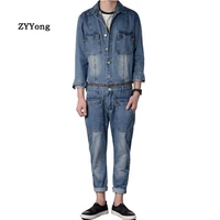 overalls mens denim jumpsuit blue lapel long sleeved jacket hip hop streetwear waist detachable jeans pants casual trousers