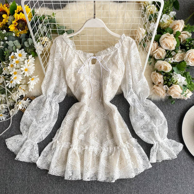 Весенняя коллекция 2020 Женское платье с кружевом и длинными рукавами "Slash Neck", модное, сексуальное и красивое. Новинка - Vestidos L393.