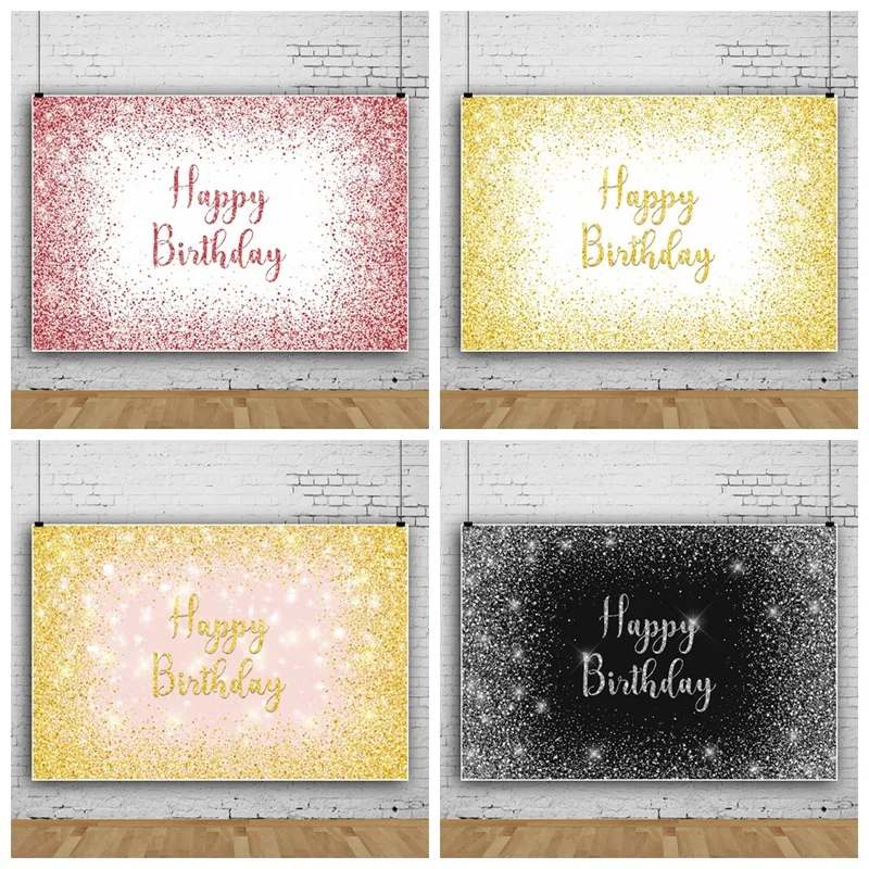 

Gold Glitter Happy Birthday Party Custom Background For Photo Studio Black Happy Birthday Decoration Supplies Name DIY Backdrops