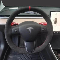 for tesla 3 model3 models modelx diy hand sewn black suede steering wheel cover car accessories wheel cover