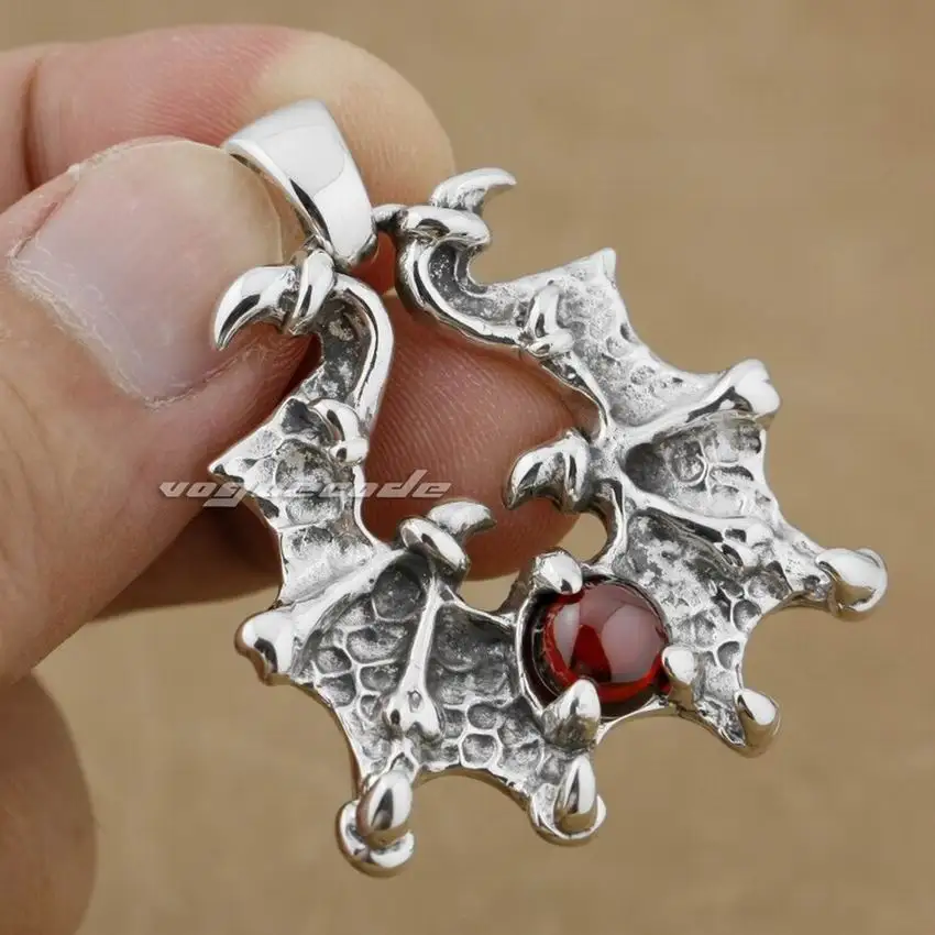 

Claw Wing Red CZ Stone 925 Sterling Silver Mens Biker Rock Punk Pendant 9H011 JP