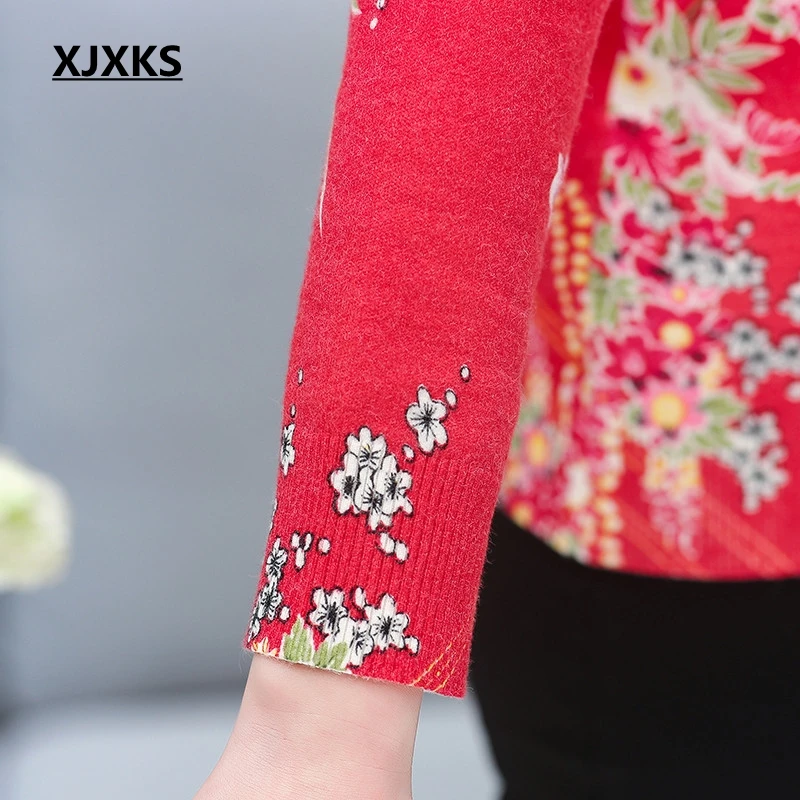 XJXKS Sweater Women 2020 Autumn Winter Plus Size Jumper New Flower Printed Loose Pullover Knitted Sweaters | Женская одежда