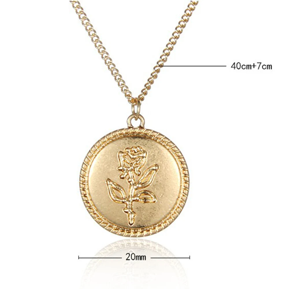 

Female Gold Alloy Round Pendant Simple All-match Solid Color Necklace Rose Flower Long Chain Coin Necklaces For Girls