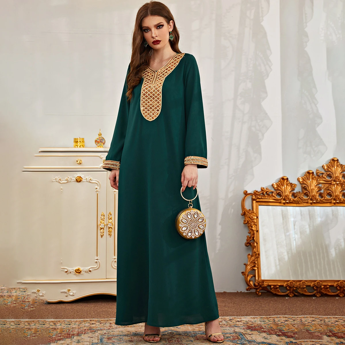 Женское платье с круглым вырезом Abaya Dubai, модное зеленое однотонное платье в этническом мусульманском стиле с блестками, длинная юбка