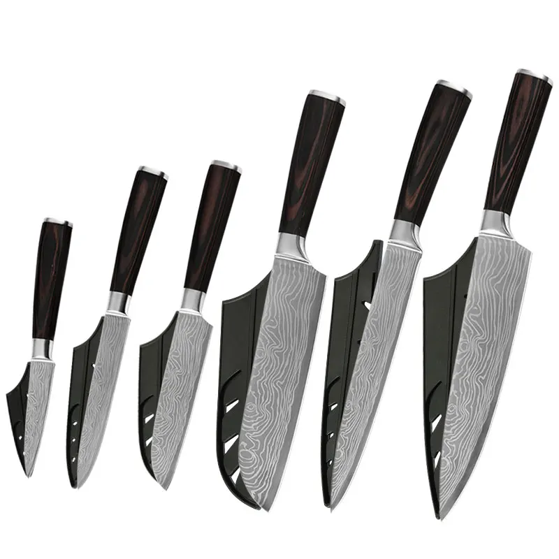 6 Pcs Knife Set Набор ножей из нержавеющей стали Santoku 8 дюймов поварские ножи с ножками дамасский узор Кухонные гаджеты Инструменты Посуда Ножи держатель - Цвет: 6 Pcs Knife Set
