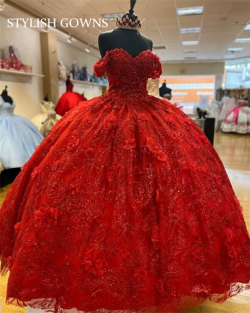 

Красное платье с открытыми плечами, бальное платье принцессы с 3D цветами и бусинами, яркое праздничное платье принцессы 16 15, платья