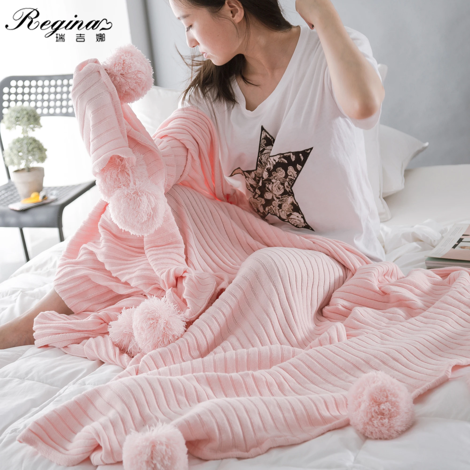 

REGINA Blanket For Beds 100% Cotton Cute Large Tassel Balls Bedspread Sweet Knitted Blanket Summer Women Girl Quilt Home Decor