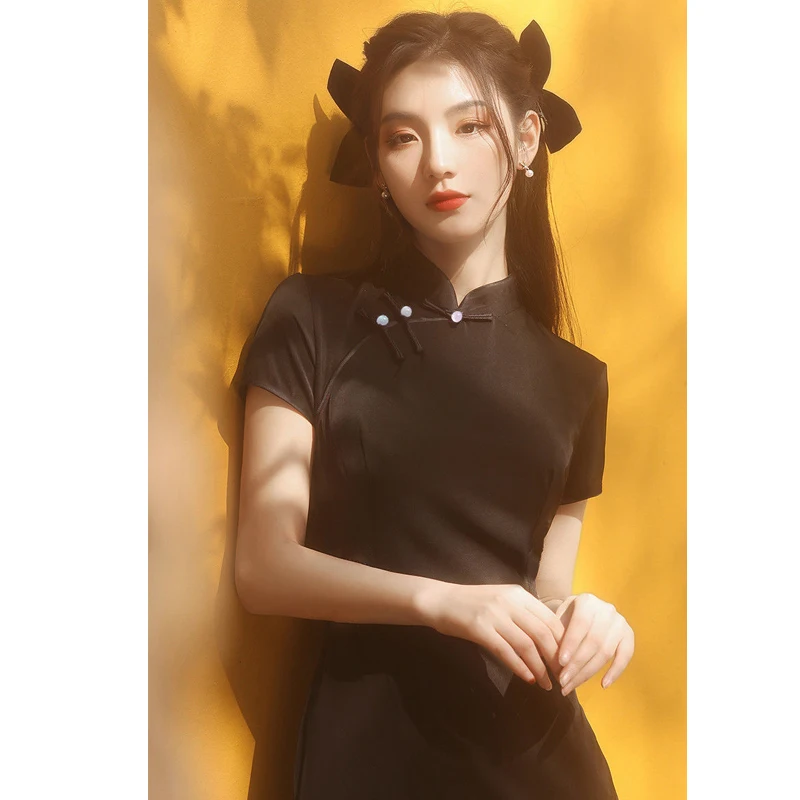 Современное китайское платье для вечеринки Qipao современное женское черное