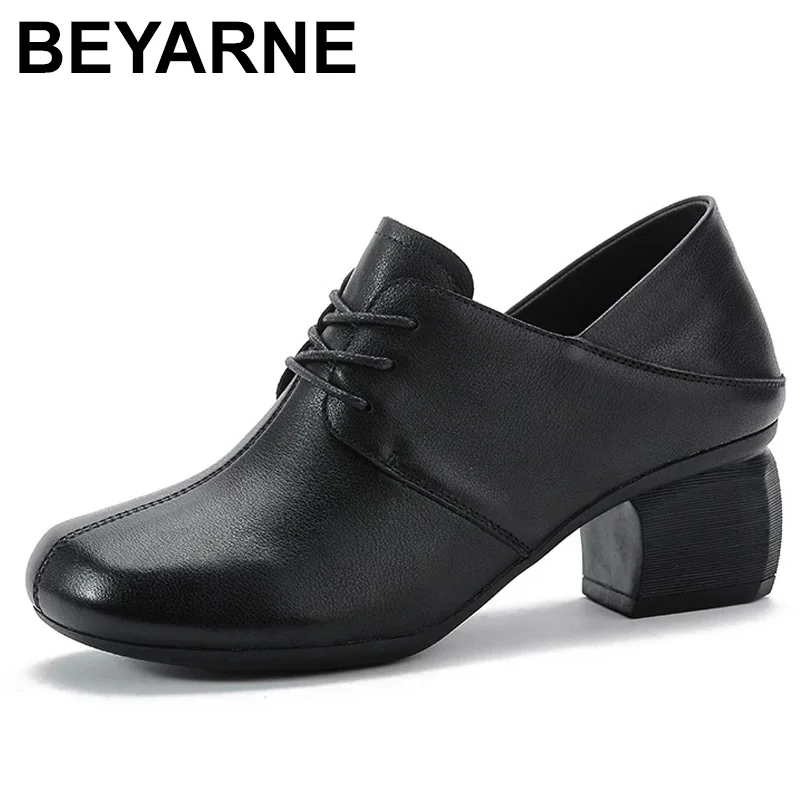 

Женские кожаные туфли на толстом каблуке, на шнуровке