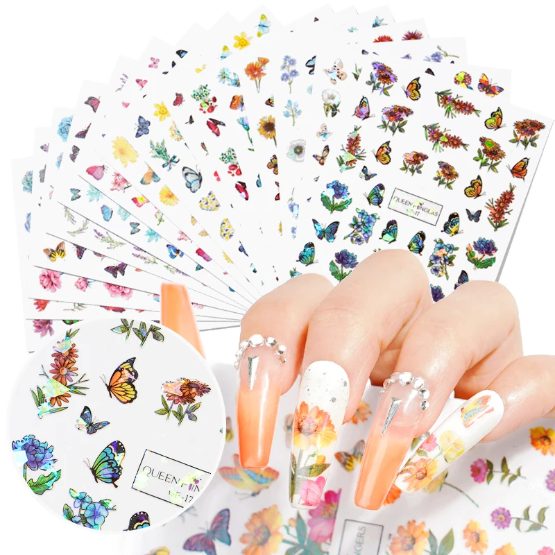 

Spring New 3D Laser Butterfly Nail Decals Nail Art Stickers Blue Flowers Adhesive Transfer Sliders Foils Wraps Designs Manicure