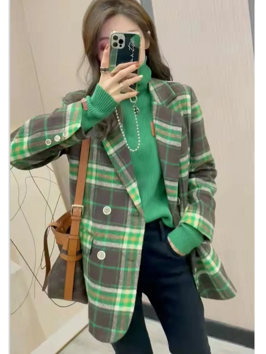 Autumn and Winter 2021 New Quilted Suit Jacket Women Wild Thick Fried Street Contrast Green Plaid Top Tide Blazer Women