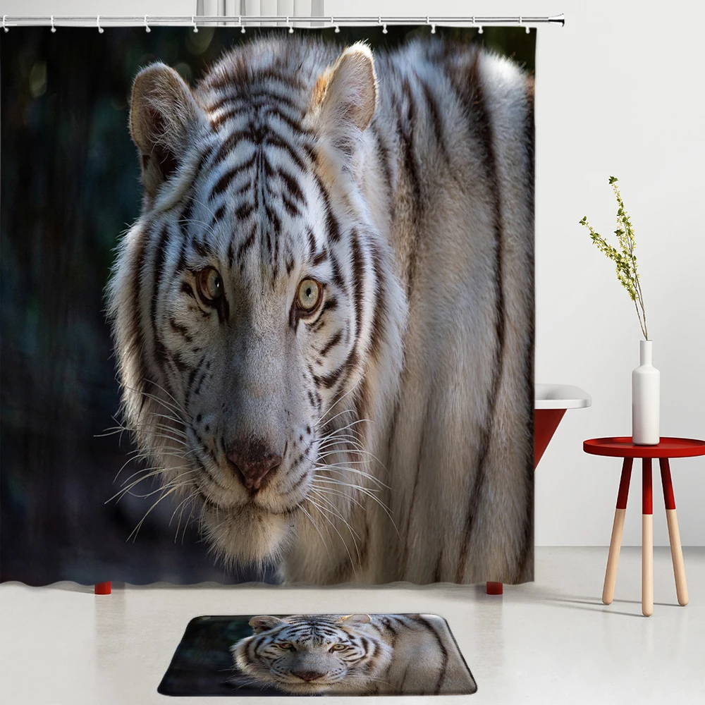 

Tiger Shower Curtains Set Wild Animals Bath Mats Entrance Door Mat Kitchen Room Decoration Rugs Bathroom Screen Non-Slip Carpet