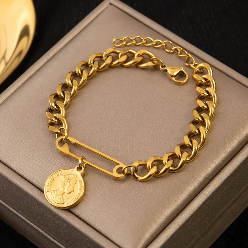 

Браслеты женские из нержавеющей стали 316L, высококлассные ювелирные украшения с гравировкой в форме булавки с обеих сторон, очаровательные браслеты с толстой цепочкой в форме королевской монеты