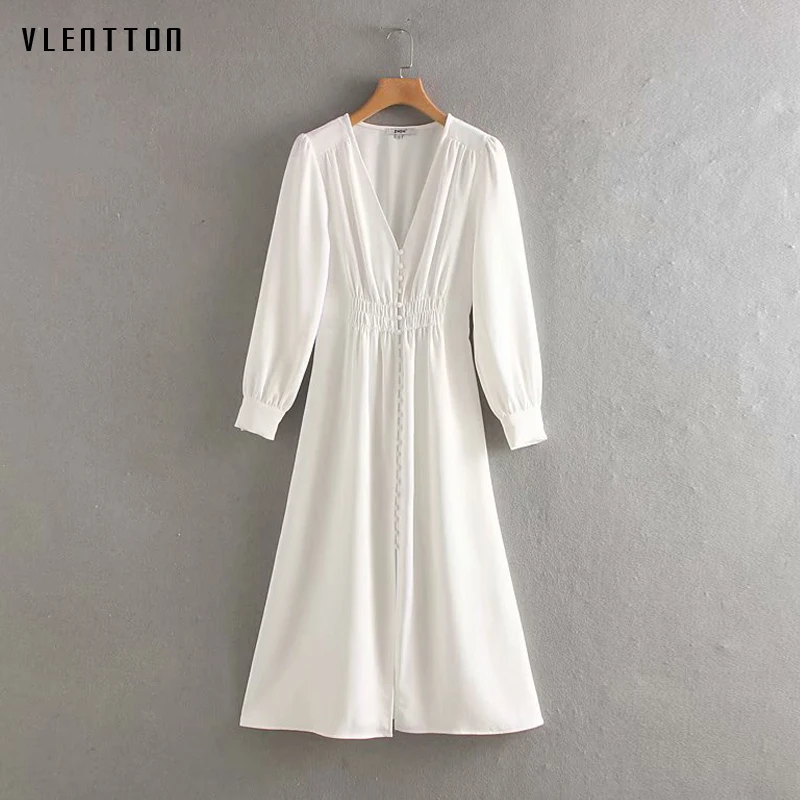 Женское платье миди на пуговицах однотонное белое трапеция с длинным рукавом и