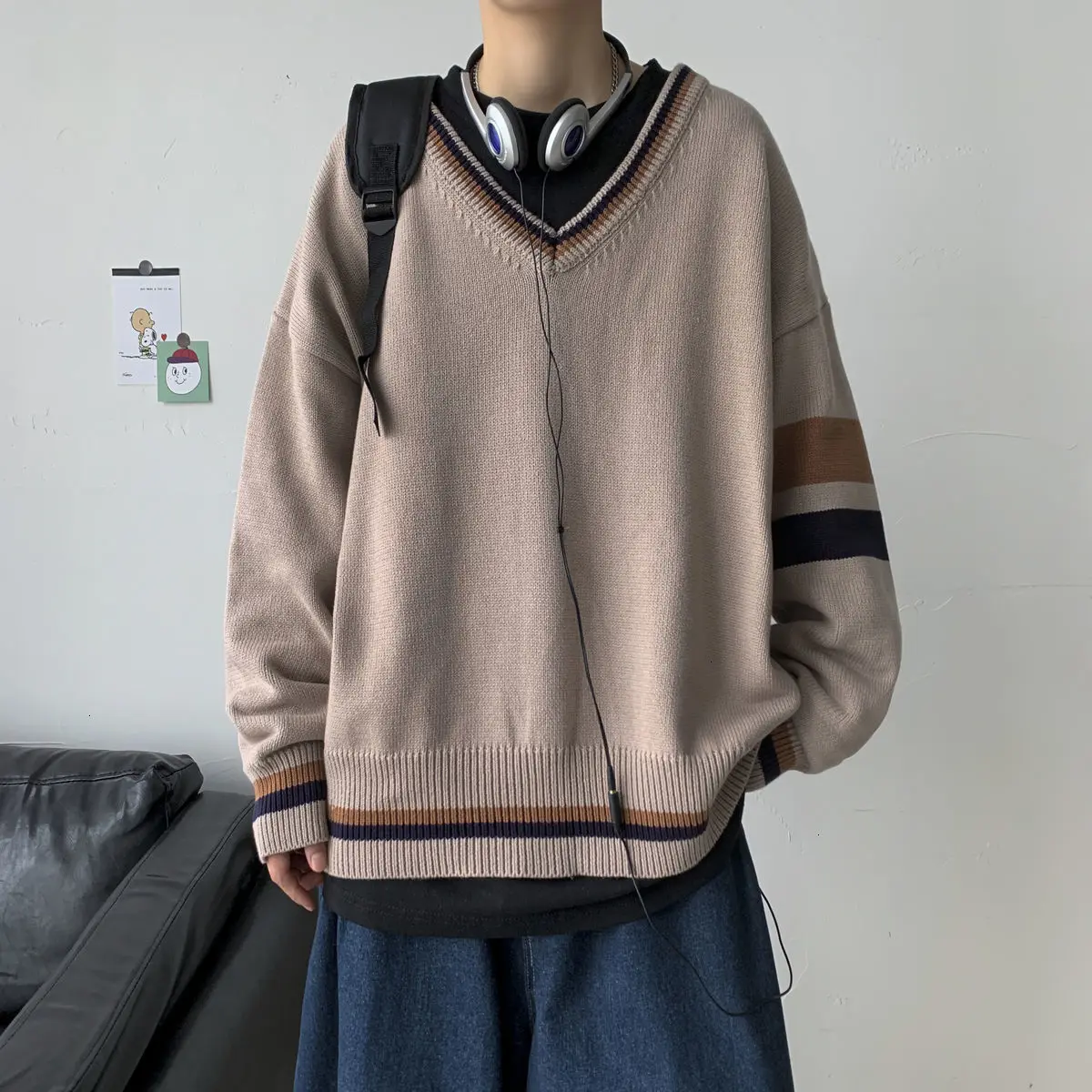 

Men's V-Neck long sleeve JK sweater woman Japanese style pullovers casual oversize man sweaters male warm clothing