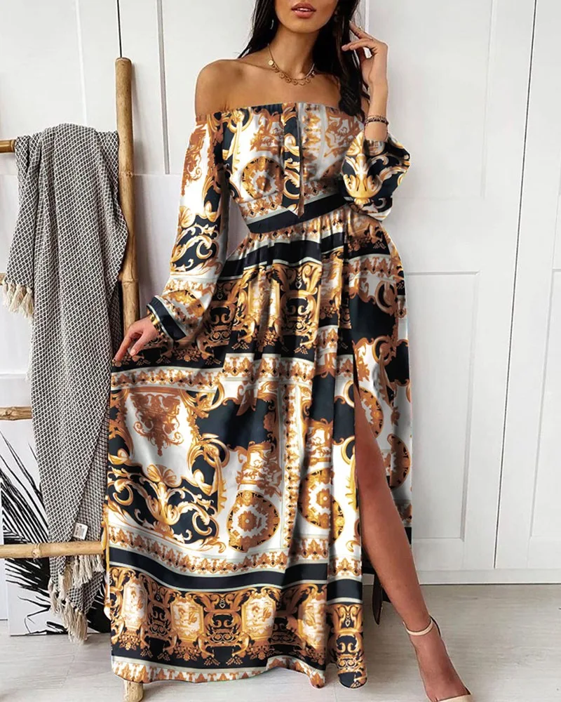 

2021 Print Dress V-neck Pullover Retro Long-sleeved Big Swing Slit Long Skirt Embroidered Dress Slim Big Swing Skirt Prom Dress