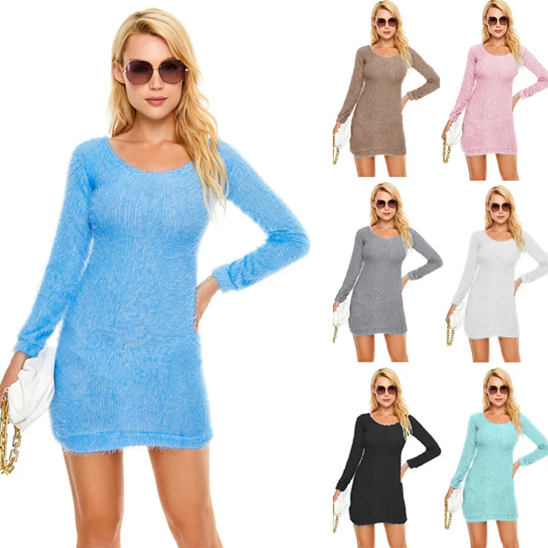 

Winter Plush warm sweater dress women's long sleeve o-neck dress party miniskirt bandage women