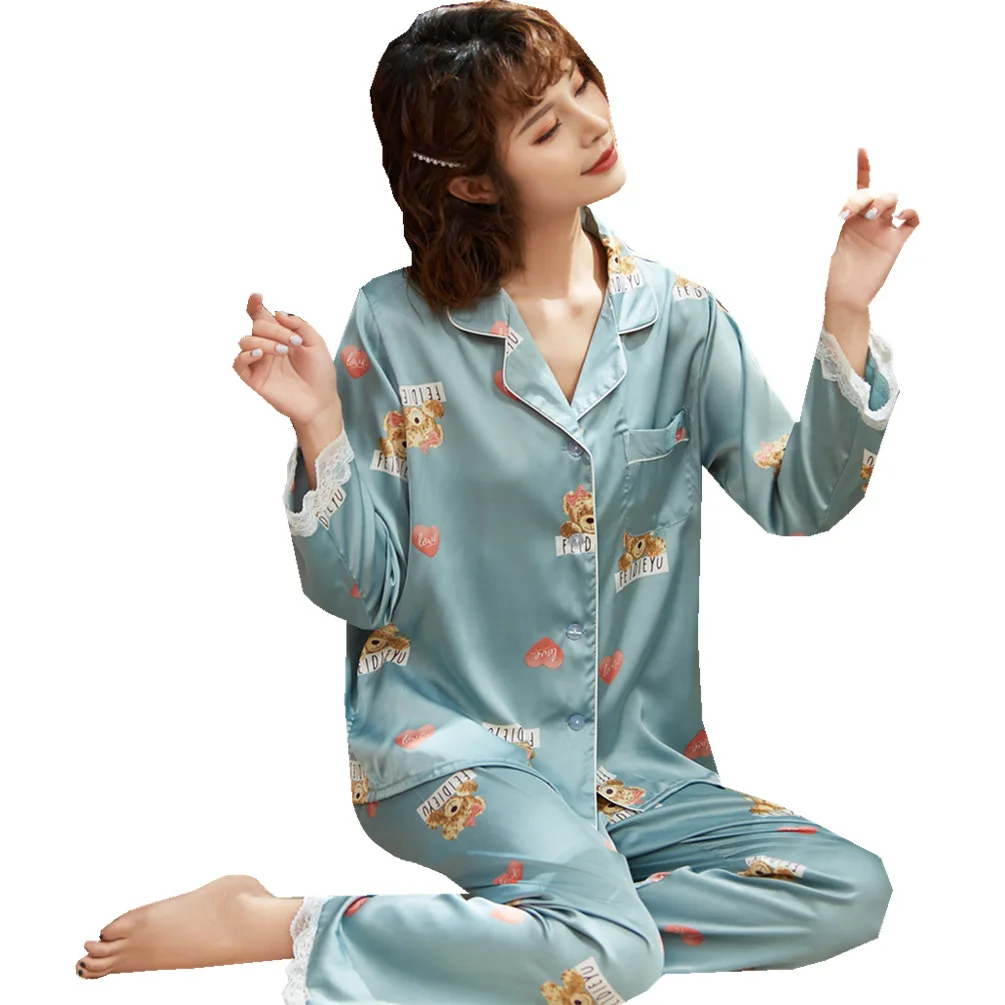 

Autumn new style ice princess sweet printed silk pajamas female thin section long sleeve lace household to take