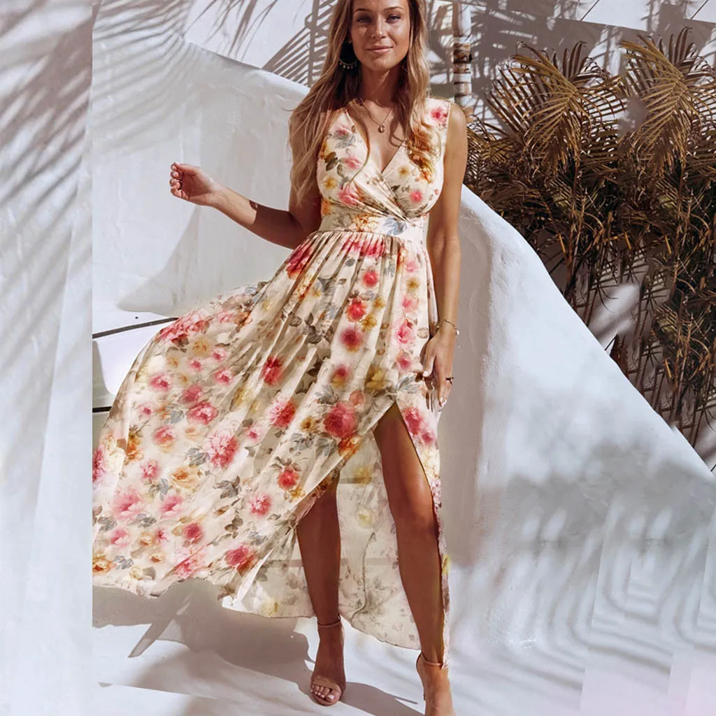 Женское платье-макси с цветочным принтом Летнее Длинное платье оборками и