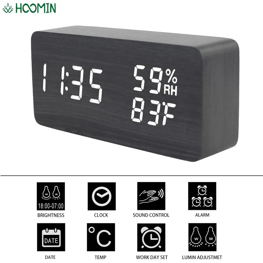 

Electronic Desktop Clocks USB/AAA Powered Voice Control LED Wooden Table Clock Temperature Humidity Display Bedside Home Decor