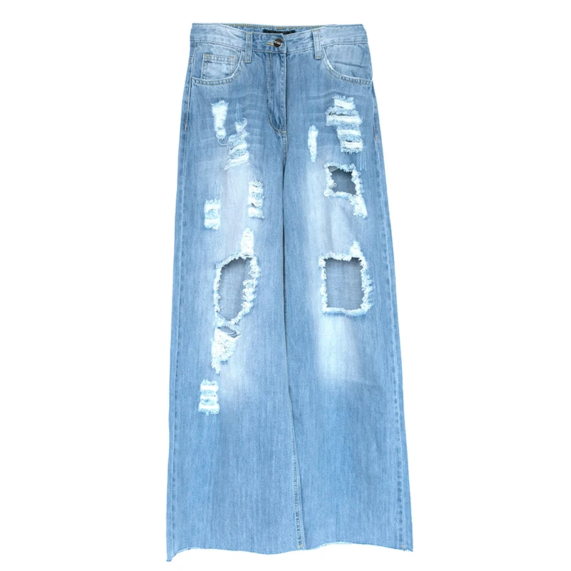 summer wear high waist and wide leg jeans with holes for women
