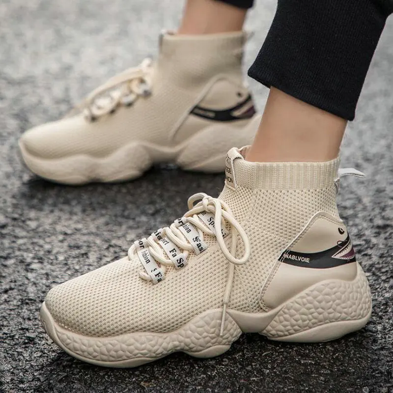 

Men Spring Autumn 2019 Lace-up High Top Sock shoes Style Men Vulcanize Shoes Fashion Flats Youth Men Sneakers Shoes A55-56